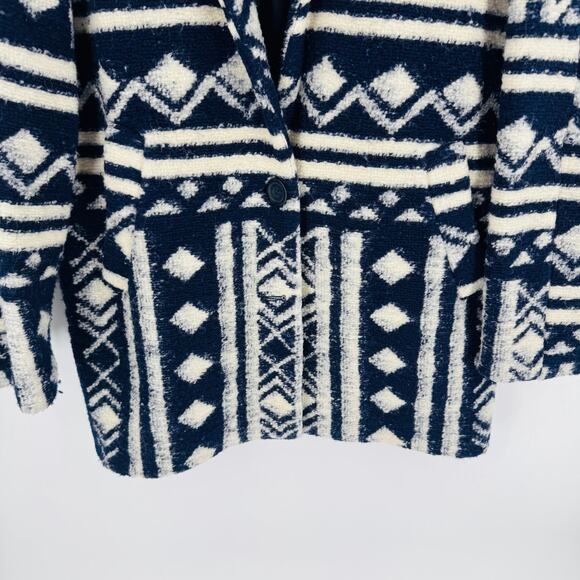 Chunky Navy Cream Geometric Pattern Coat Jacket Longline Boho Size L Fisherman - Picture 5 of 9